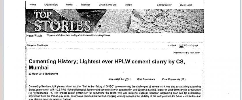 VIVEKANAND-1 AND CEMENTING SERVICES CREATE A FIRST IN CEMENTING HISTORY